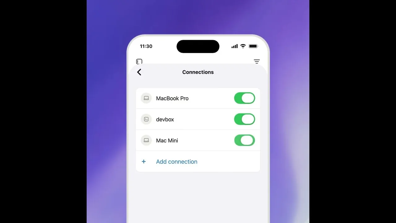 The Codex mobile app Connections screen on a phone, with toggles for a MacBook Pro, a devbox and a Mac Mini that Codex can run on