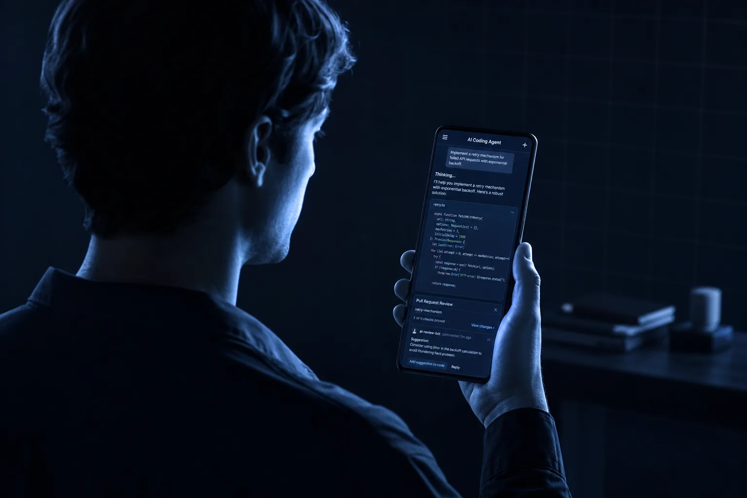 A founder monitoring AI coding agents — a chat thread, code, and a pull request — from a smartphone, lit in deep navy and slate blue
