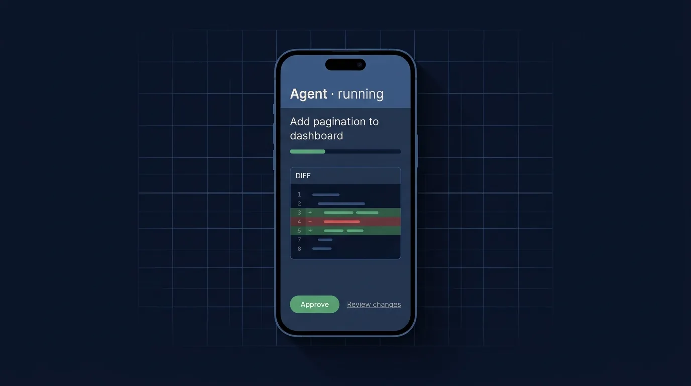 Illustration of an async coding agent on a phone: a running task, a code diff, and an Approve button