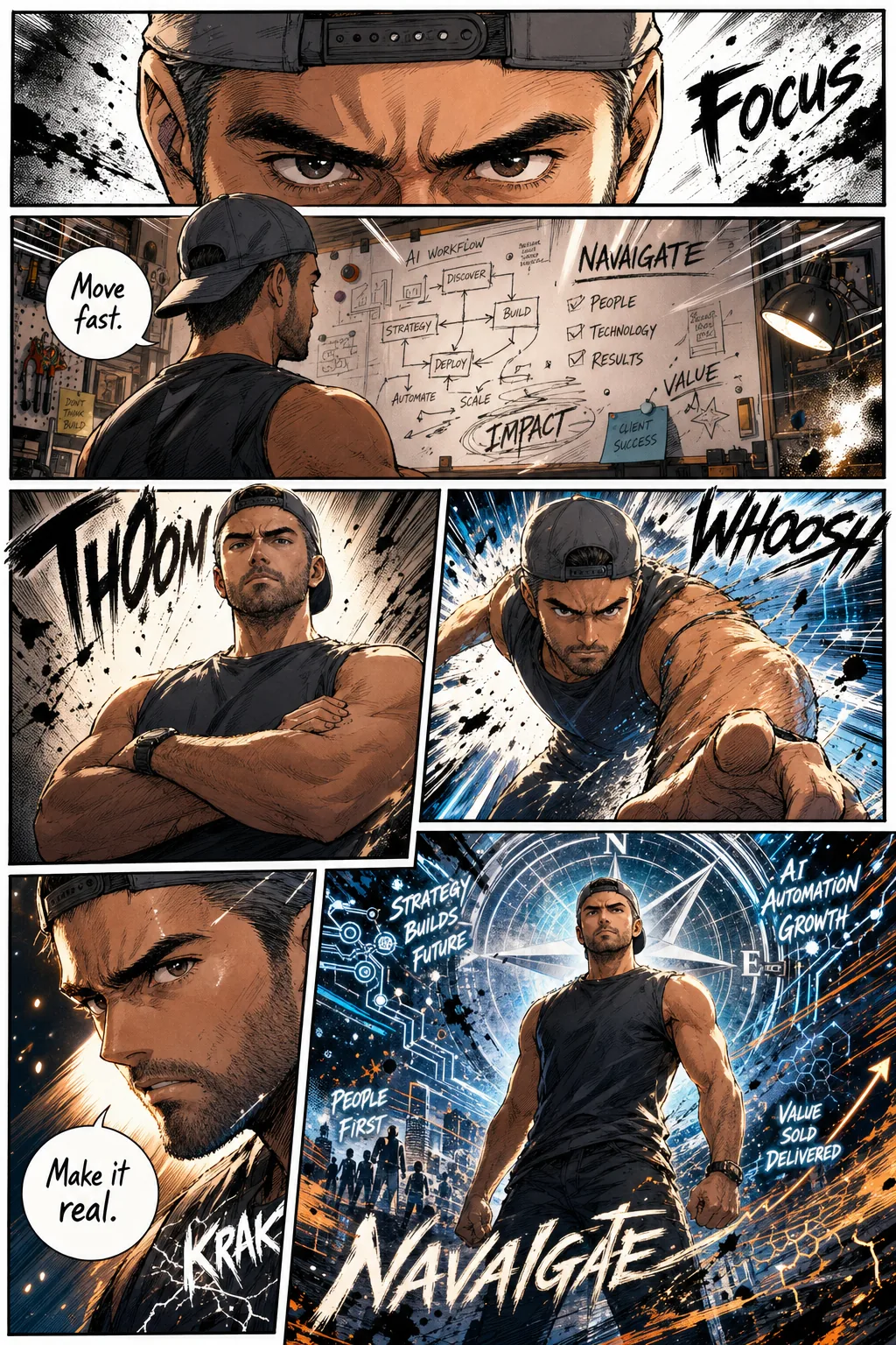 Daniel Wright rendered as a manga hero across six dramatic panels. Sound effects read FOCUS, THOOM, WHOOSH and KRAK. Speech bubbles say "Move fast." and "Make it real." A whiteboard shows the NavAIgate AI workflow: Discover, Strategy, Build, Deploy, Automate, Scale. The final hero panel features a compass and the word NAVAIGATE in bold manga lettering.