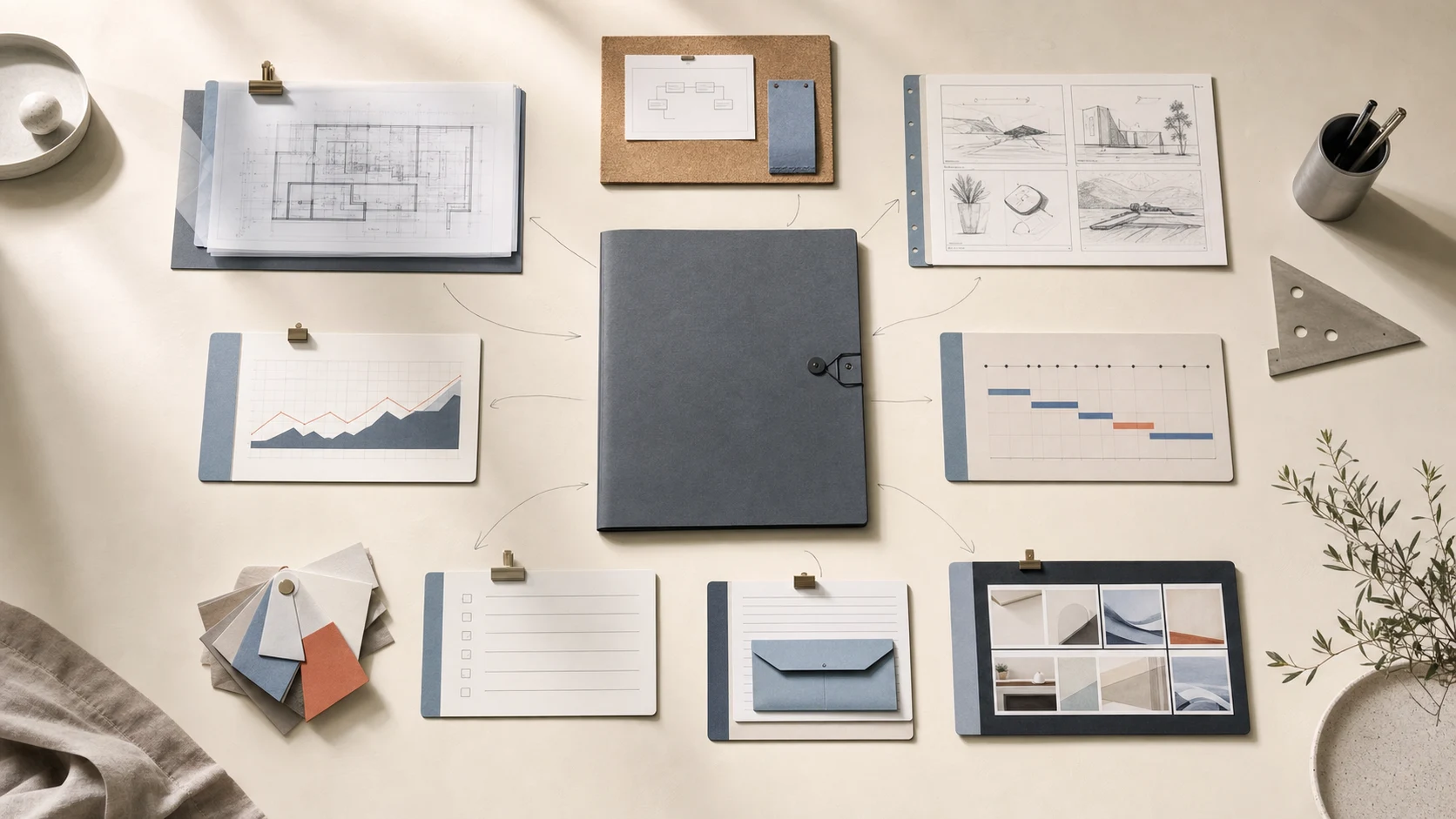 A central slate briefing folder routing work to a carefully organised set of specialist documents and tools
