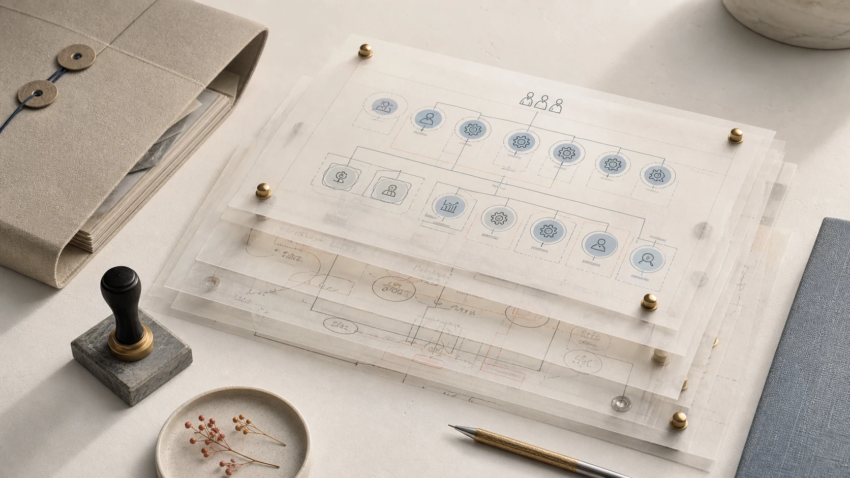 Transparent organisational layers aligned with brass pins, preserving handwritten customisation beneath a clean update layer