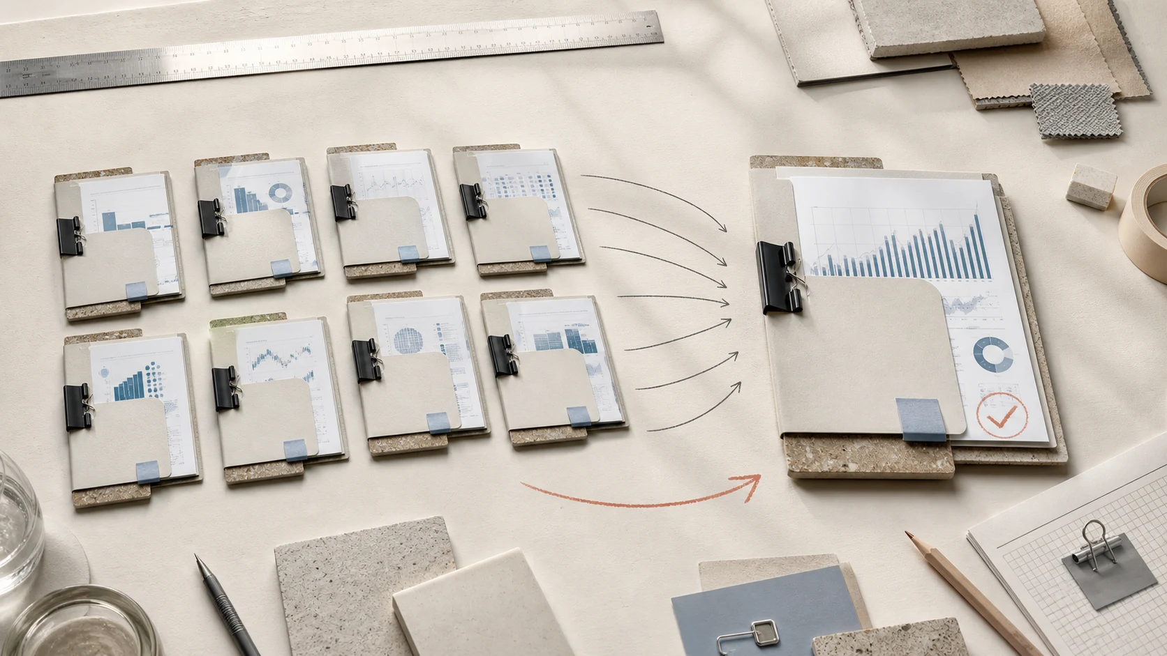 Eight tactile evidence folders converging into one verified result folder on a warm studio table