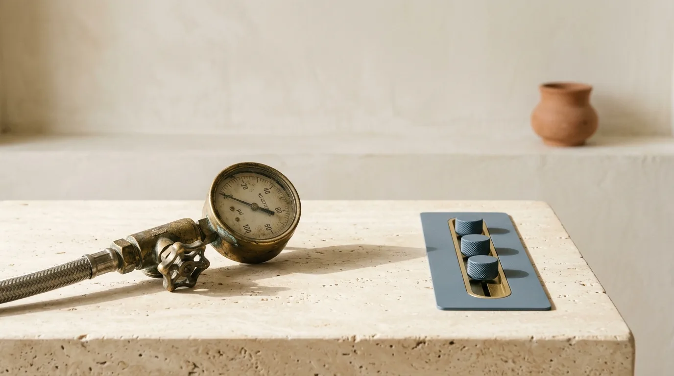 An old disconnected brass pressure dial lying on its side beside a modern slate-blue sliding control set into stone