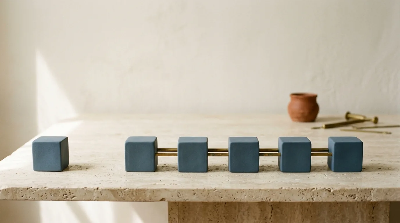 Five slate-blue blocks arranged in a line and linked by taut brass rods, with one identical block sitting alone at the frame edge