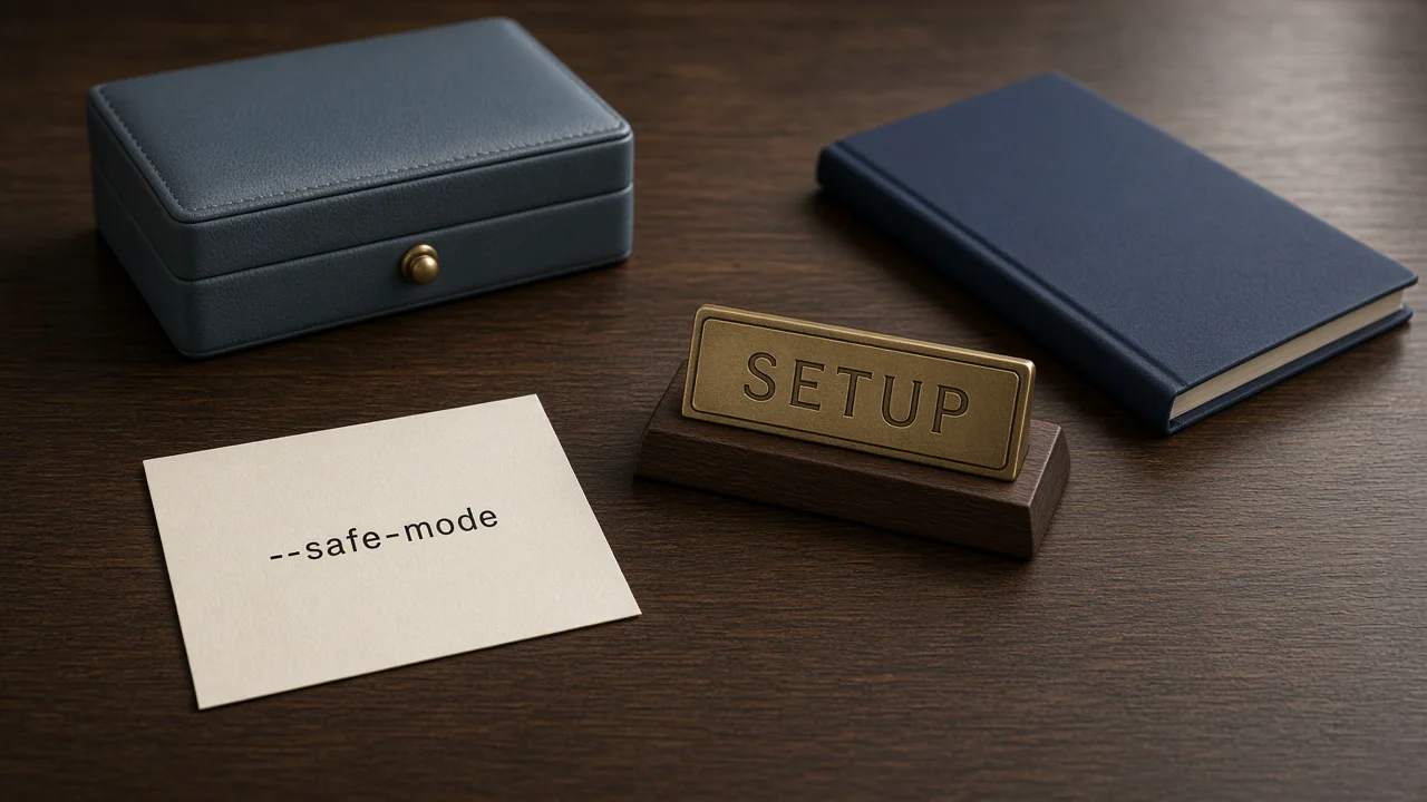 A cream card printed with --safe-mode lies on a dark wooden desk beside a brass nameplate engraved SETUP, with a closed slate-blue drawer behind