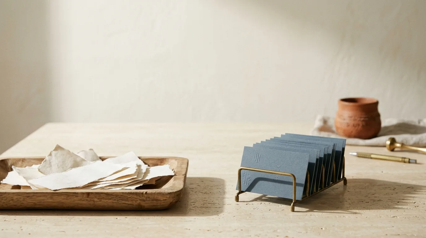 A tray of loose crumpled paper slips beside an upright brass rack of neat engraved slate-blue cards