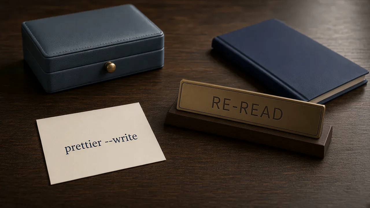 A cream card printed with prettier --write lies on a dark wooden desk beside a brass nameplate engraved RE-READ, with a closed slate-blue box and a navy notebook behind