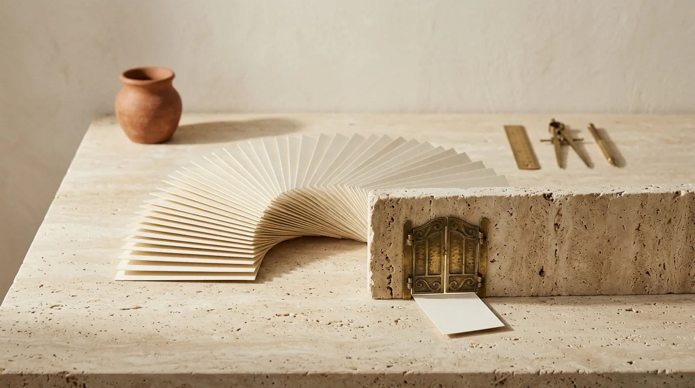 A wide fan of cream paper cards funnelling down to a single narrow brass gate in a stone wall