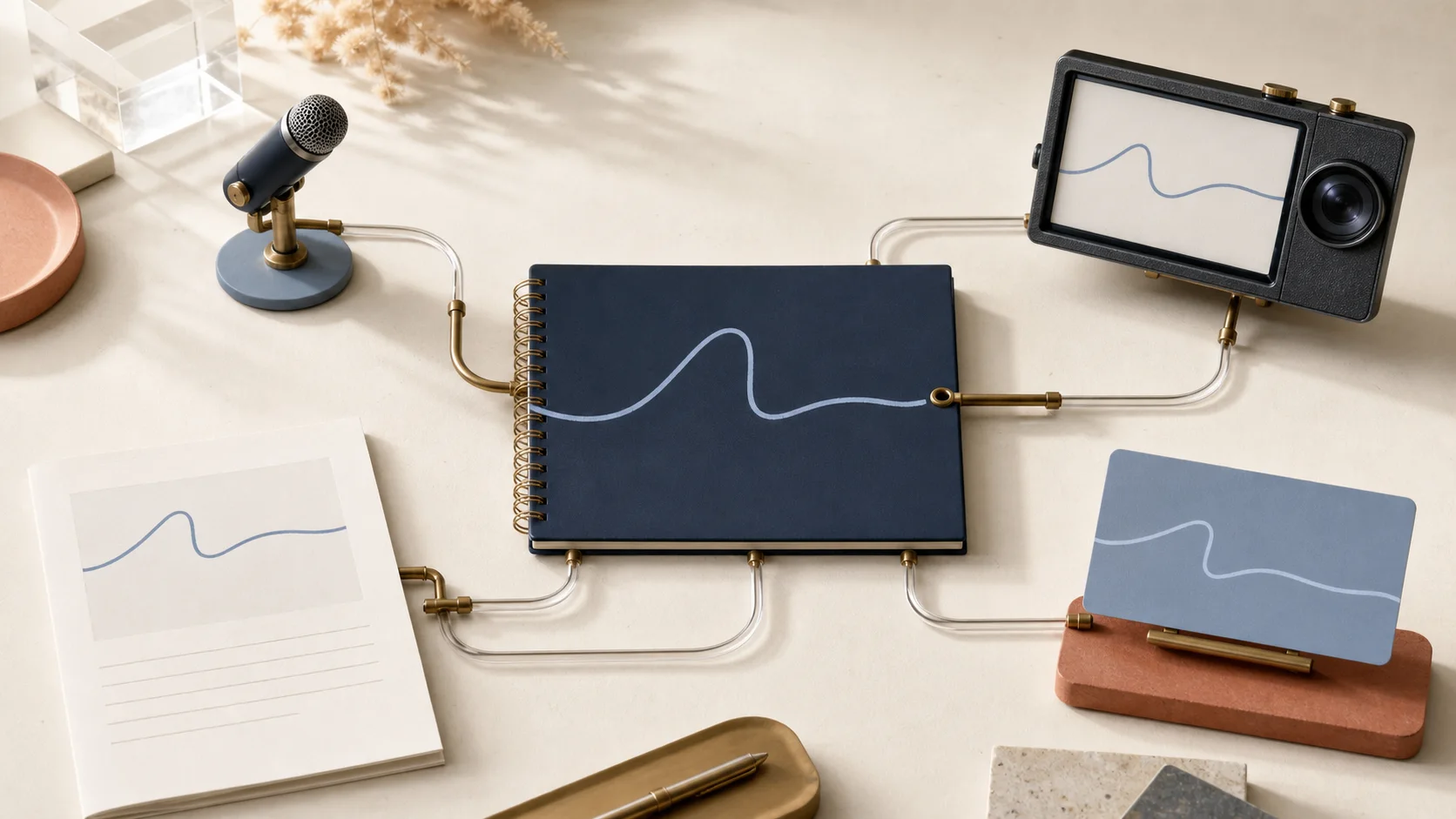One original line from a founder notebook travelling through a microphone, camera, article and presentation card