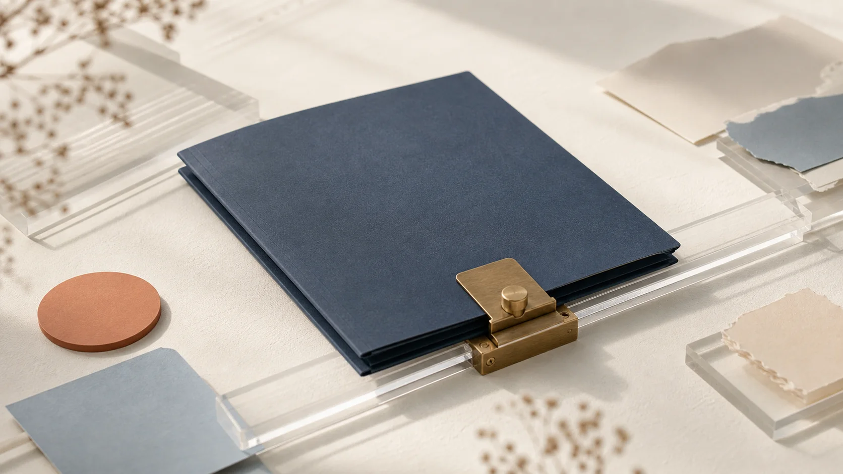 A completed slate-blue evidence folder locked into a precise brass mechanism while unfinished fragments remain outside the path