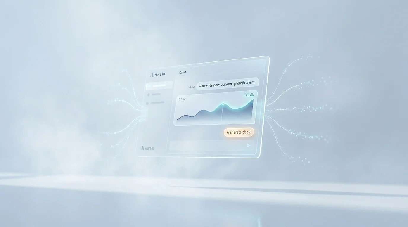 A clean, light, single-column chat interface with charts rendered inline and a prominent Generate deck button.